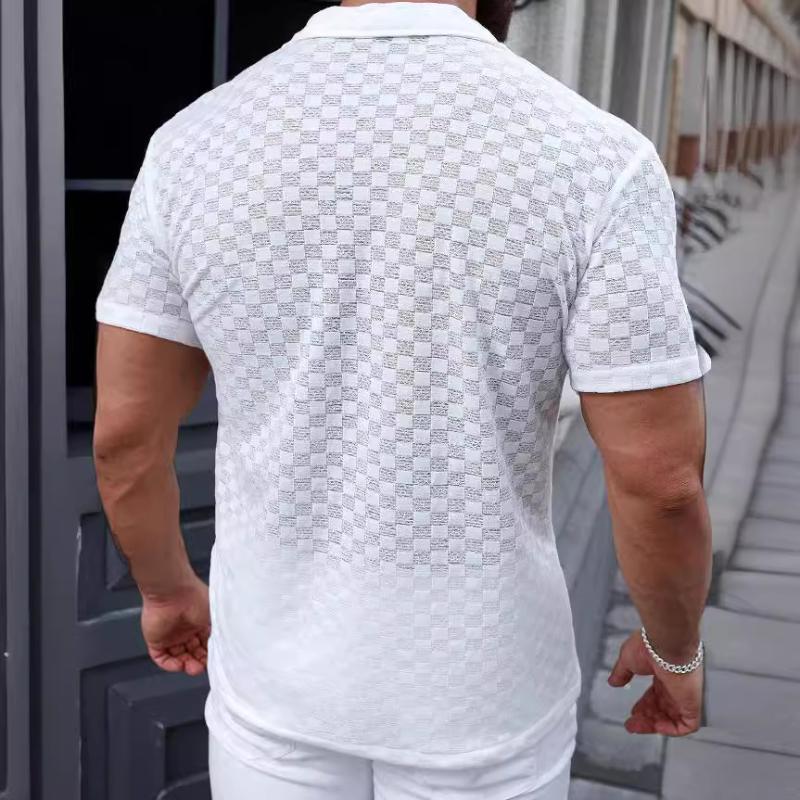 Men's Casual Solid Color Lace Lapel Short Sleeve Shirt 86252733TO