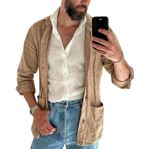 Men’s Cotton and Linen Lapel Long-sleeved Shirt Jacket 22351083X