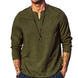 Men's Solid Cotton And Linen V Neck Breast Pocket Long Sleeve Shirt 68486099Z