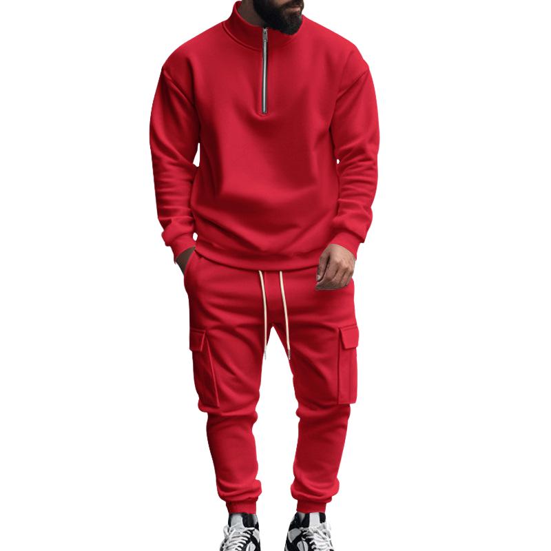 Men's Solid Color Casual Plush Warm Zipper Stand Collar Sweatshirt Sweatpants Set 08038864Y