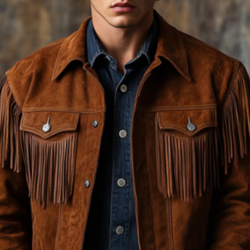 Men's Classic Western Style Fringe Suede Jacket 72145931K