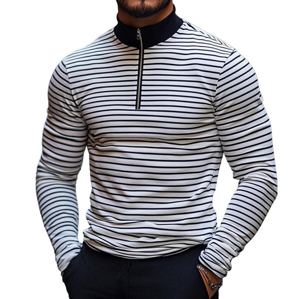 Men's Retro Casual Striped Stand Collar Printed Long Sleeve T-Shirt 18069225TO