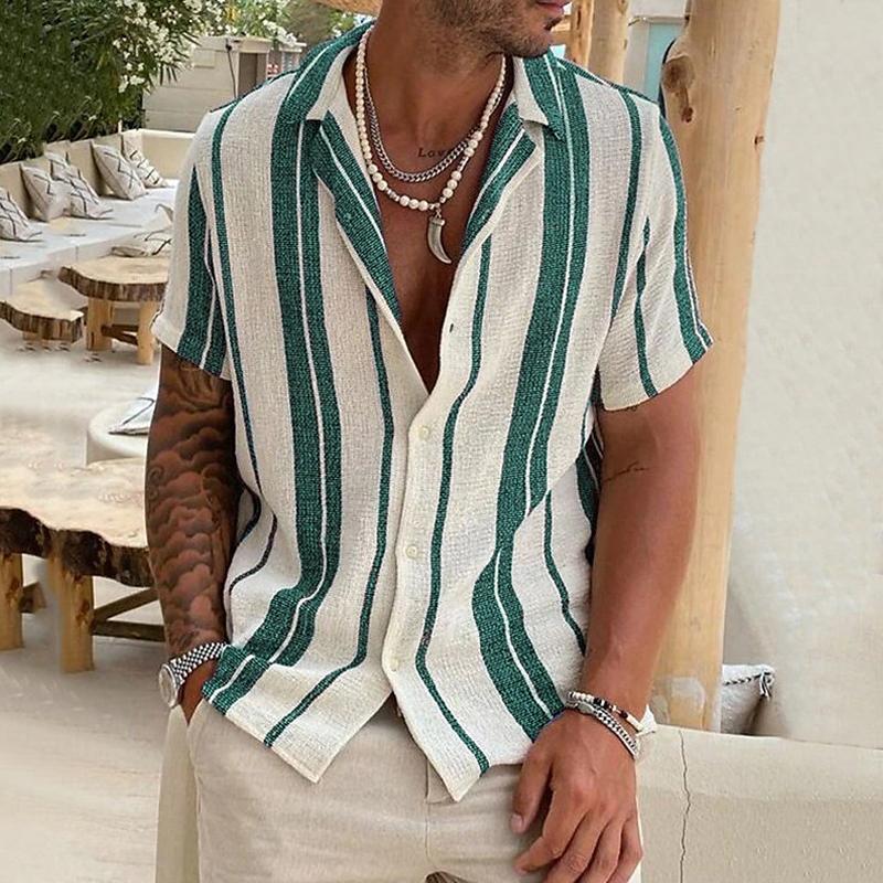 Men's Fashion Striped Lapel Short Sleeve Shirt 94208644Z