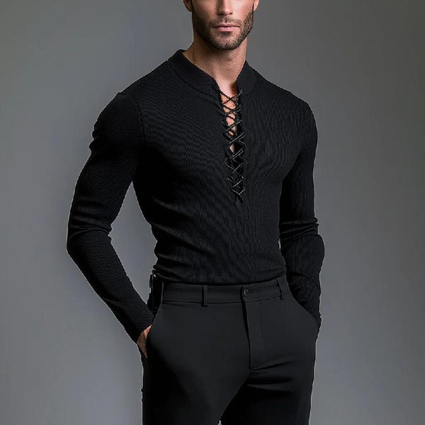 Men's Casual Solid Color Ribbed Neck Tie Slim Fit Long Sleeve T-shirt 25203773Y