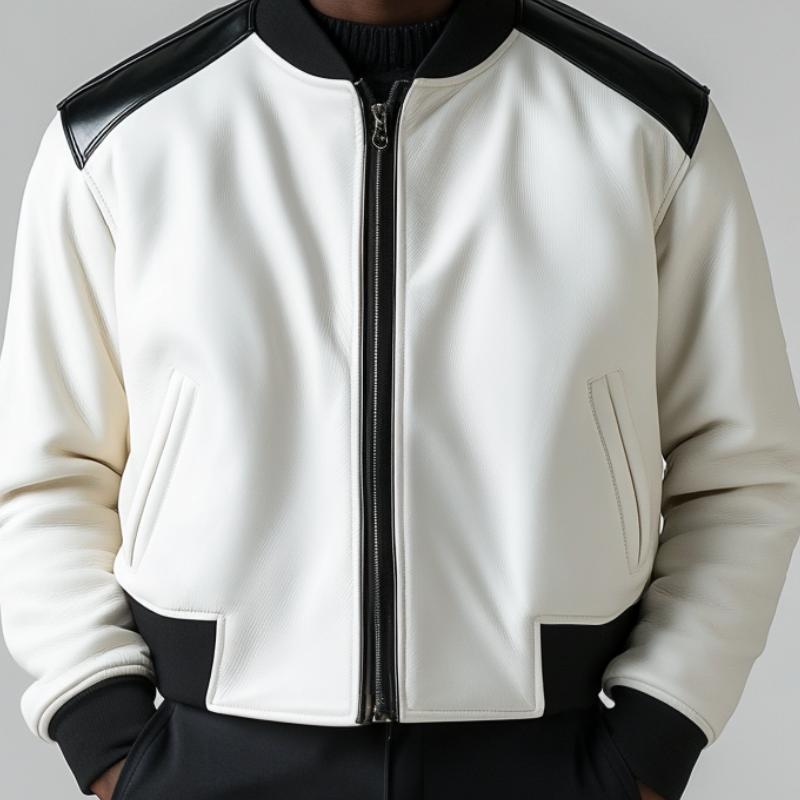 Men's Stylish Colorblock Leather Baseball Jacket 40504571F