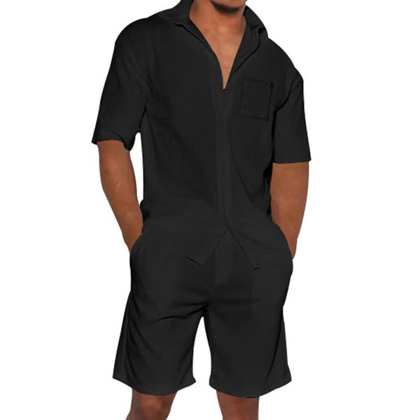 Men's Solid Loose Linen Lapel Short Sleeve Shirt Elastic Waist Shorts Set 81822696Z