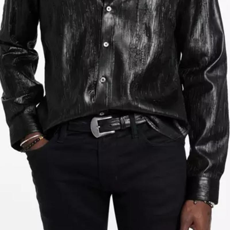 Men's Casual Fashionable Textured Leather Long Sleeve Shirt 46353500K