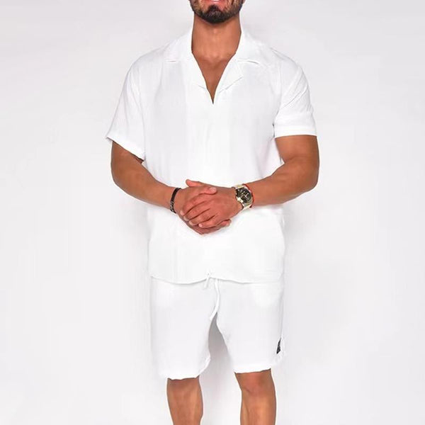 Men's Solid Loose Lapel Single Breasted Short Sleeve Shirt Shorts Set 03456320Z