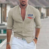 Men's American Flag Graphic Print Henley Collar Long Sleeve Shirt 98007798Z