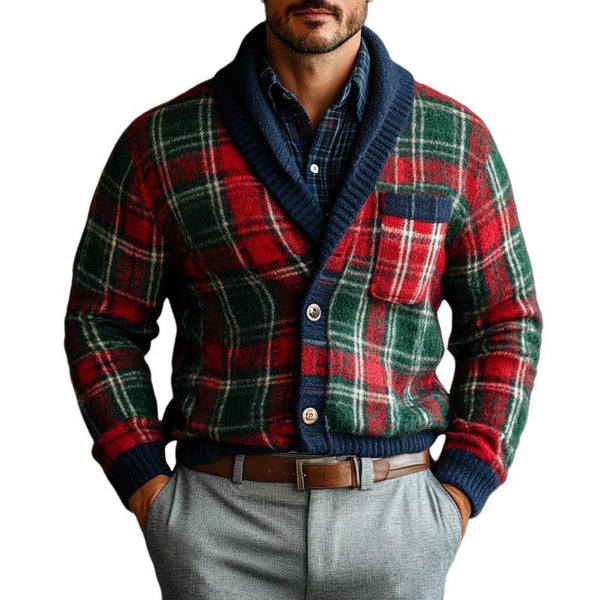 Men's Vintage Christmas Colorful Check Lapel Chest Pocket Knit Cardigan 65800846Y