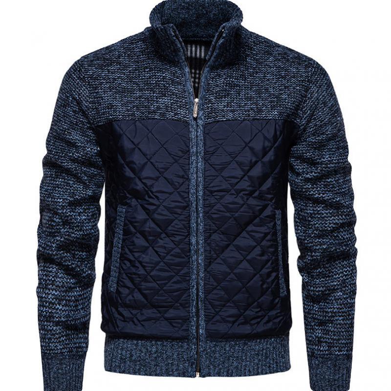 Men's Knitted Patchwork Stand Collar Zippered Plush Jacket 14091352Y