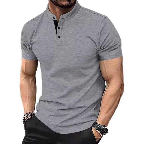 Men's Solid Color Stand Collar Button Down Short Sleeve Polo Shirt 69522093Y
