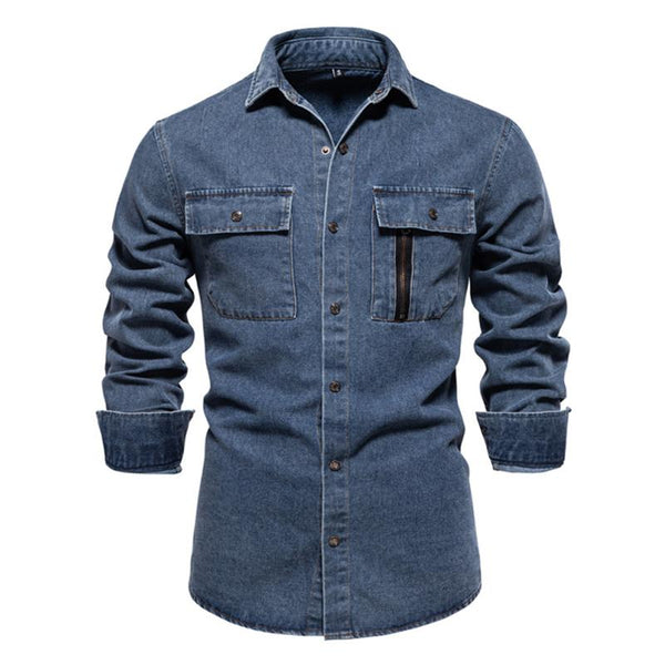 Men's Denim Lapel Chest Pocket Long Sleeve Cargo Shirt 80094373Z