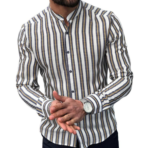 Men's Retro Casual Striped Stand Collar Long Sleeve Shirt 31512751TO