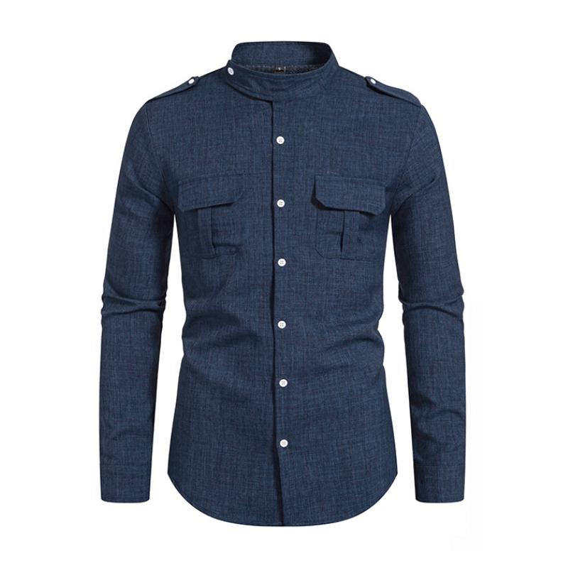 Men's Casual Stand Collar Flap Pocket Slim Fit Long Sleeve Shirt 14835389M