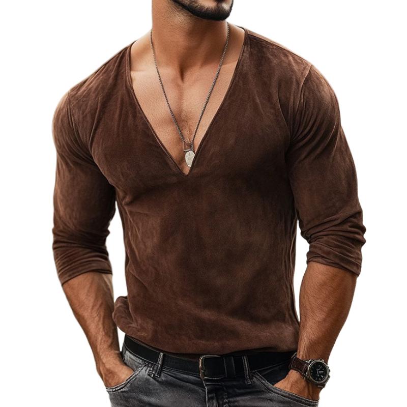 Men's Fashion Suede V-Neck Slim Fit Long Sleeve T-Shirt 09868223Y