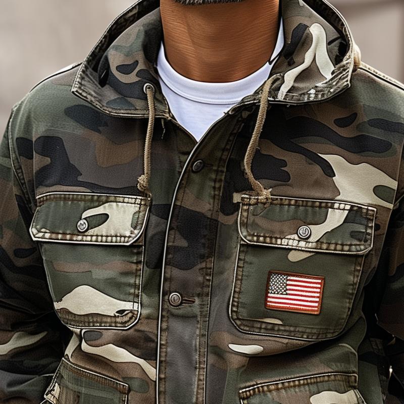 Men's Camouflage Outdoor Hooded Multi-pocket Cargo Jacket 87613826Z