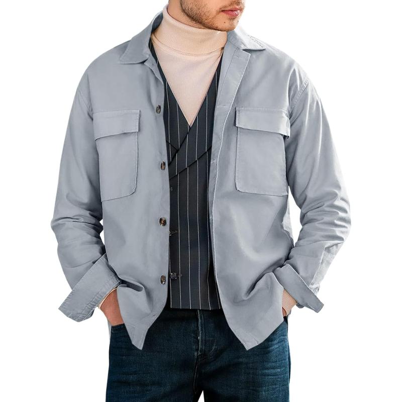 Men's Casual Solid Color Lapel Double Chest Pocket Long Sleeve Shirt 76683492Y