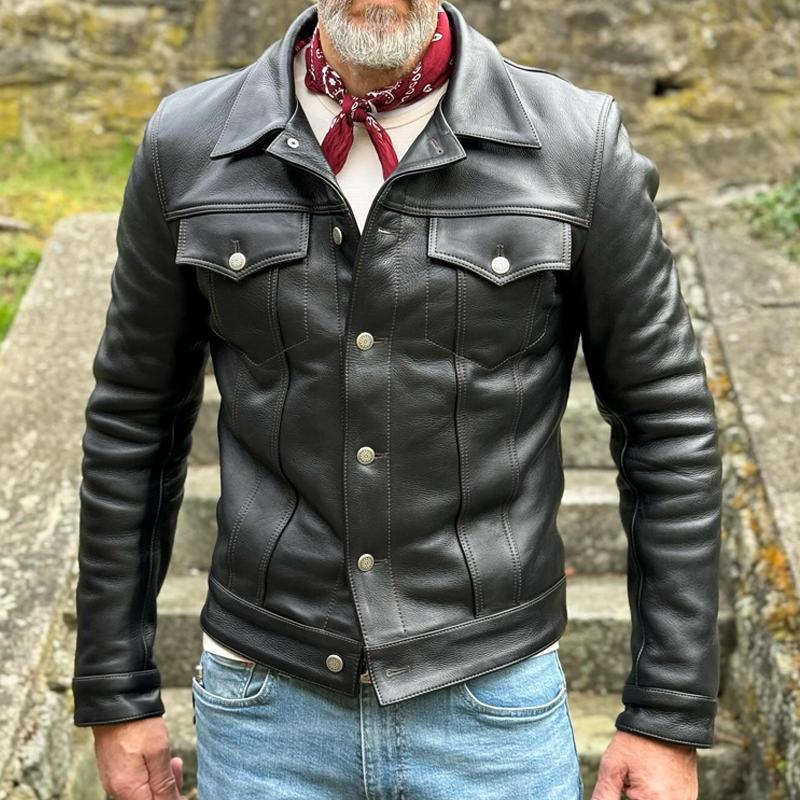 Veste décontractée en cuir vintage pour homme avec poche poitrine et revers 33084088Z