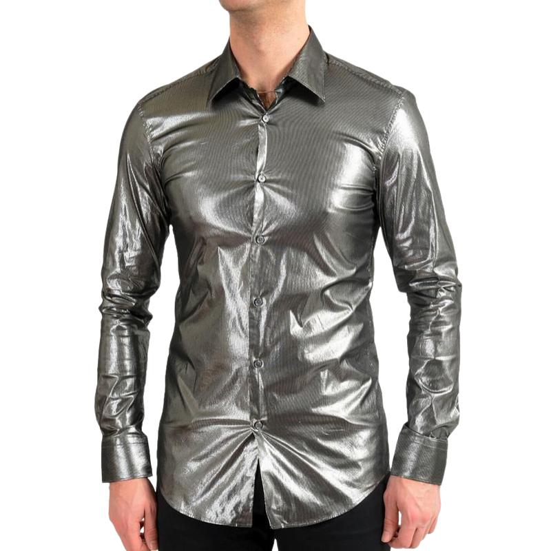 Men's Stylish Slim Lapel Glossy Leather Long Sleeve Shirt 30515041F