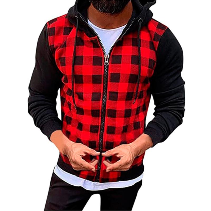 Men's Retro Casual Plaid Hooded Zipper Sweatshirt 38235756TO