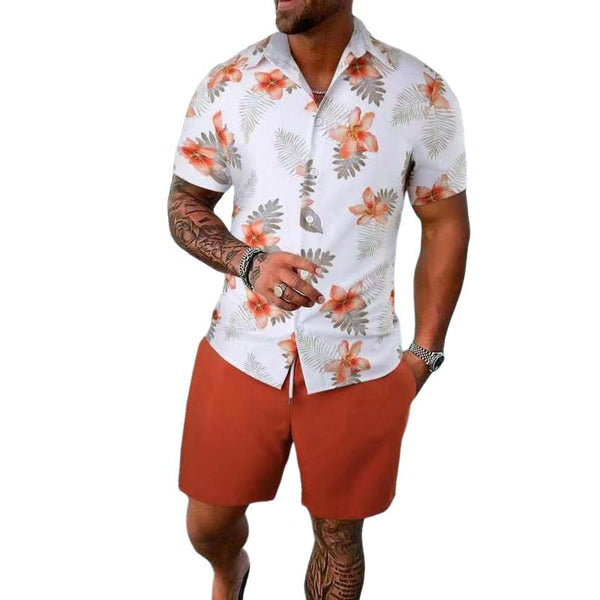 Men's Printed Short-sleeved Shirt and Beach Shorts Two-piece Set 94322411X