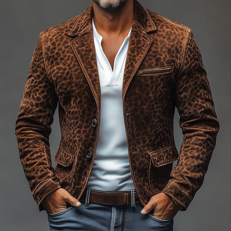 【Envío en 24 horas】Blazer de un solo pecho con solapa con muesca y múltiples bolsillos de ante de leopardo vintage para hombre 51590562Z