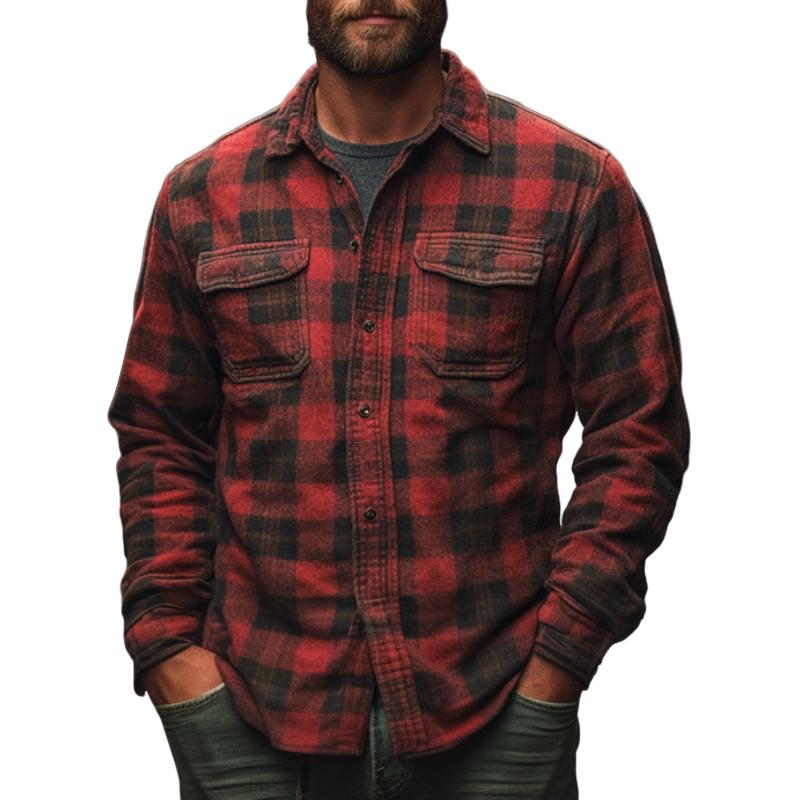 Men's Casual Lapel Flannel Plaid Long Sleeve Shirt 11334542F