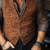 Men's Vintage Suede Leopard Print V-Neck Single Breasted Vest 62339023Y