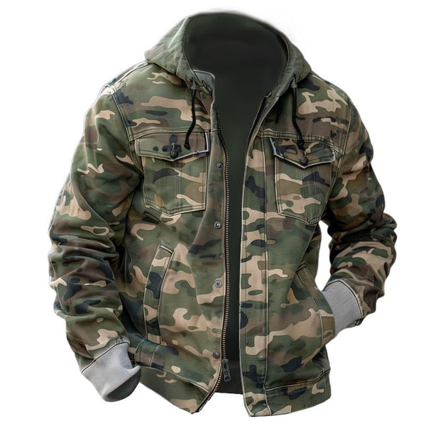 Men's Camouflage Hooded Multi-pocket Zip Cargo Jacket 99380691Z