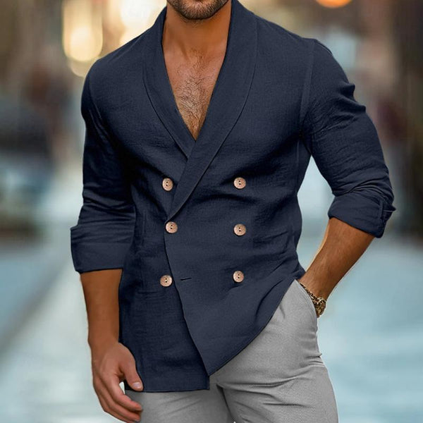 Men's Casual Cotton Linen Lapel Double-breasted Slim-fit Long-sleeved Shirt 85775872M