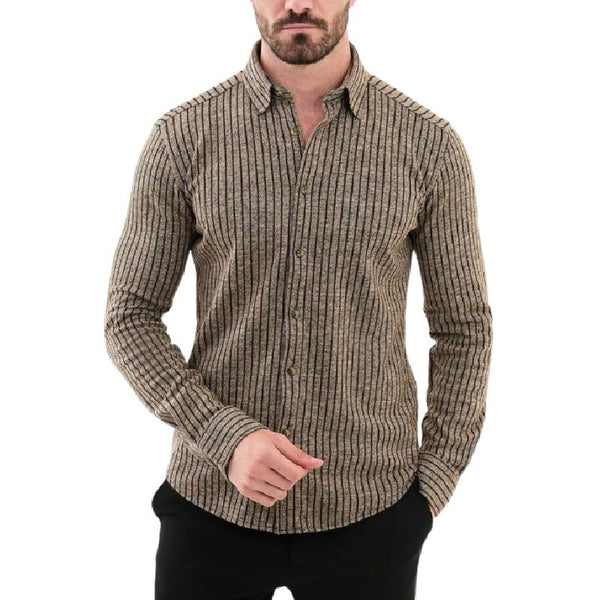 Men's Casual Patchwork Lapel Striped Slim Fit Long Sleeve Shirt 94546145M