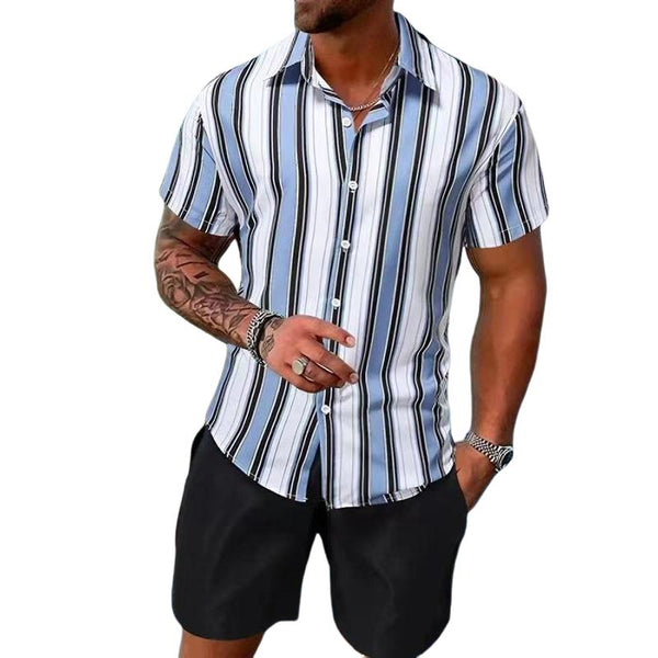 Men's Striped Printed Short-sleeved Shirt and Shorts Two-piece Set 90295767X