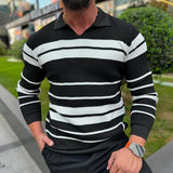 Men's Fashion Colorblock Striped Lapel Long Sleeve Knit Polo Shirt 83709928Z