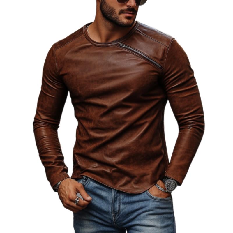 Men's Casual Fashionable Round Collar Slim Fit Leather Long Sleeve T-shirt 80728107K