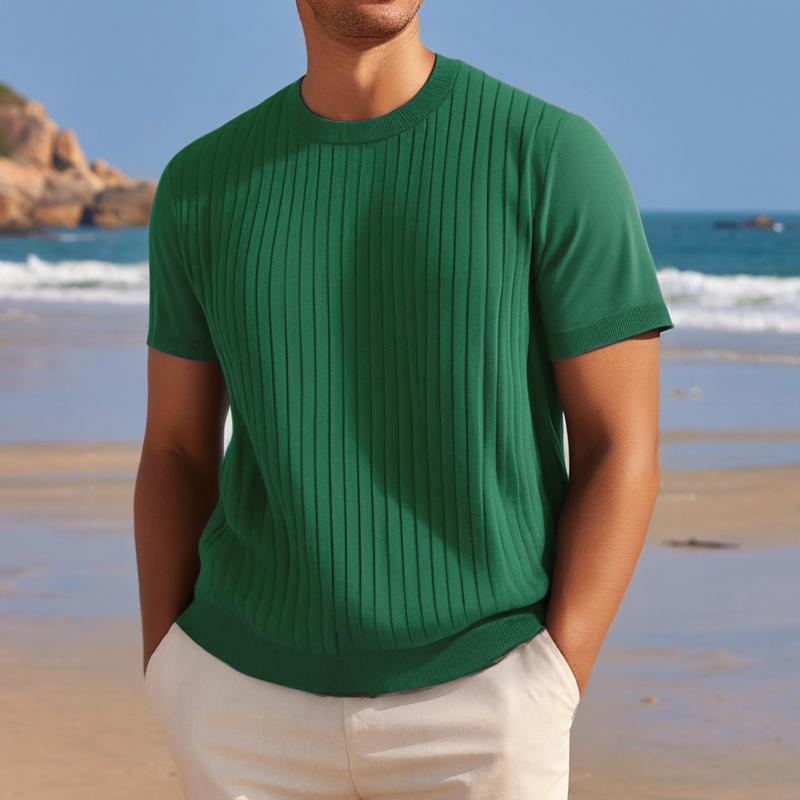 Men's Solid Color Striped Round Neck Short Sleeve Knit T-shirt 09033199Z