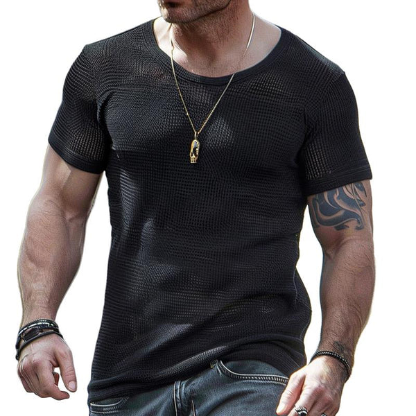 Men's Solid Hollow Out Round Neck Short Sleeve Casual T-shirt 97998067Z