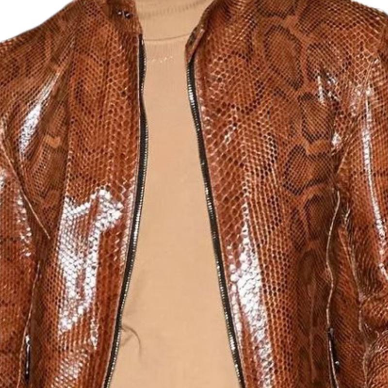 Men's Vintage Stand Collar Zip Glossy Snake Print Leather Jacket 24350502F