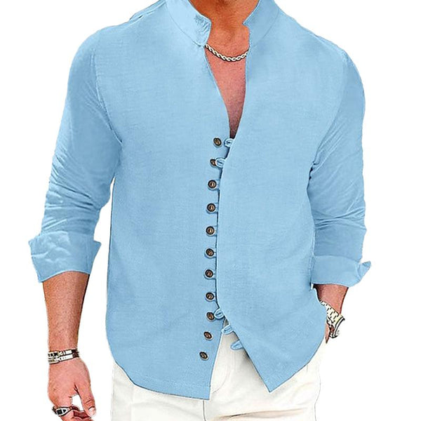 Men's Solid Stand Collar Single Breasted Long Sleeve Casual Shirt 32138227Z