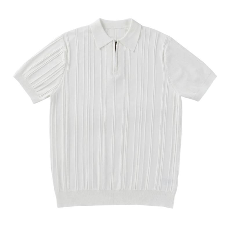 Men's Solid Striped Zip Lapel Short Sleeve Polo Shirt 04003477Z