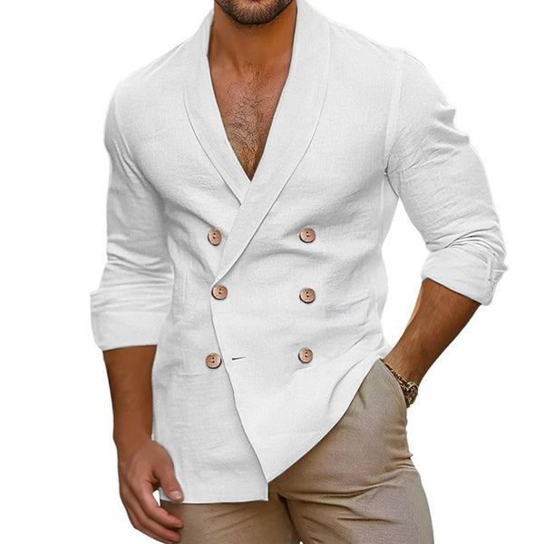 Men's Casual Cotton Linen Lapel Double-breasted Slim-fit Long-sleeved Shirt 85775872M