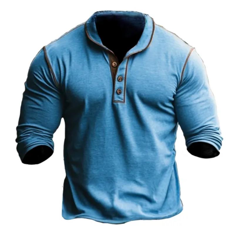 Men's Retro Colorblock Button Lapel Slim Fit Long Sleeve Polo Shirt 48971154Y