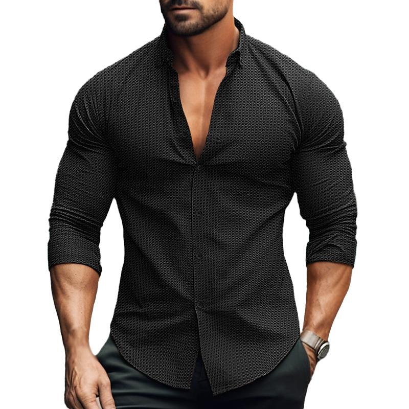 Camicia casual a nido d'ape a maniche lunghe con risvolto tinta unita da uomo 69333697Z