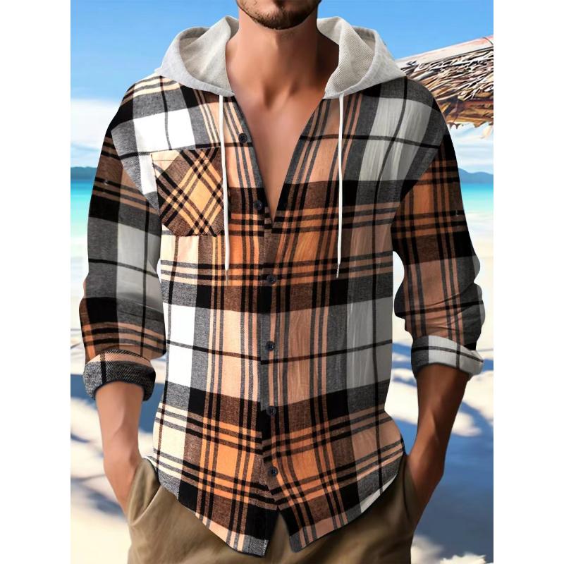 Men's Plaid Flannel Hooded Long Sleeve Shirt 95678054Y