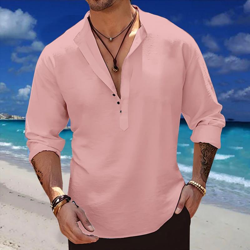 Men's Solid Linen Henley Collar Short Sleeve Casual Shirt 15967008Z
