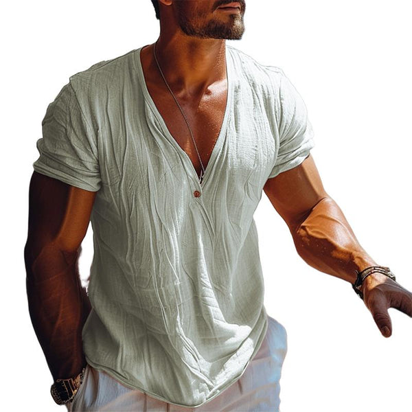 Men's Cotton And Linen V-Neck One-Button Short-Sleeved T-Shirt 71172590Y