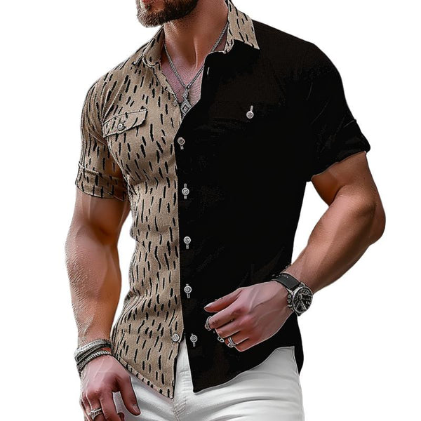 Men's Fashion Colorblock Printed Lapel Slim Fit Short Sleeve Shirt 44315385M