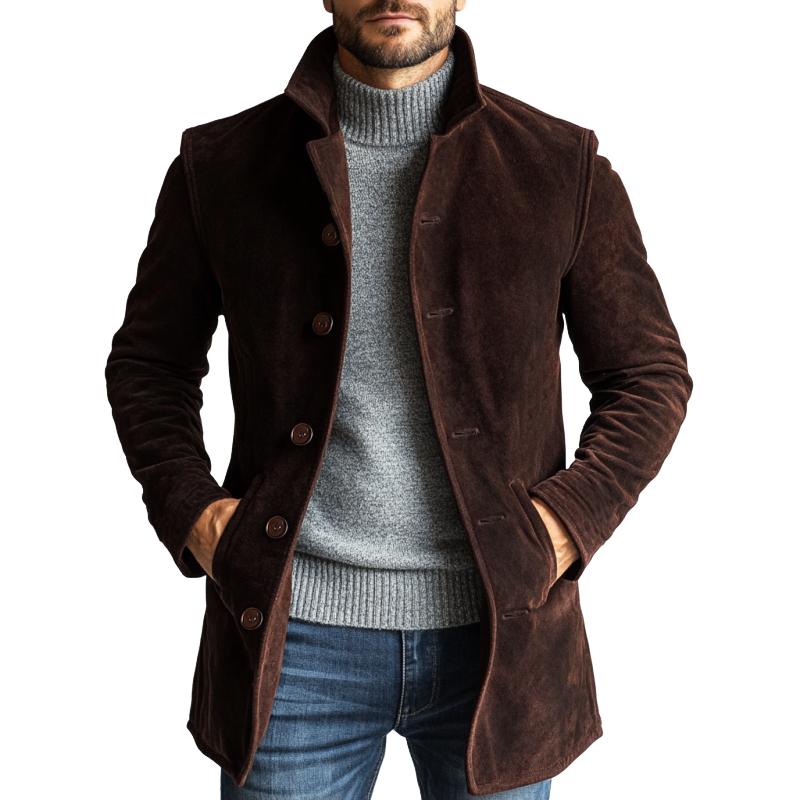 Cappotto monopetto casual da uomo in pelle scamosciata tinta unita di media lunghezza 94491369Y