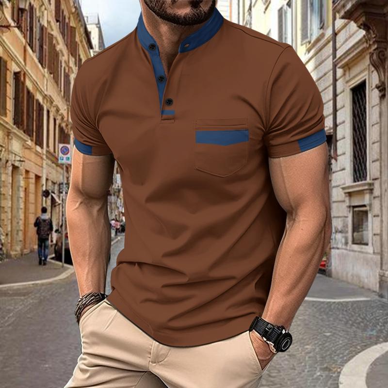 Men's Color Block Stand Collar Chest Pocket Short Sleeve Polo Shirt 40500241Y