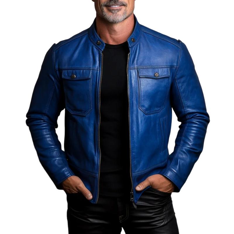 Men's Vintage Casual Stand Collar Double Chest Pockets Leather Jacket 96709632Y